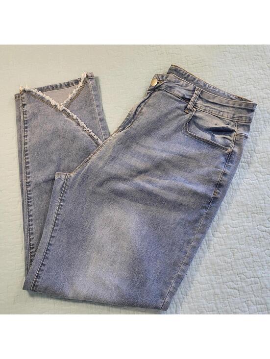 Denim - women's blue high-rise straight ankle jeans medium wash unique raw-edged hem XL